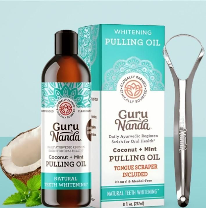 Guru Nanda Coconut & Mint Teeth Whitening Oil with Tongue Scraper