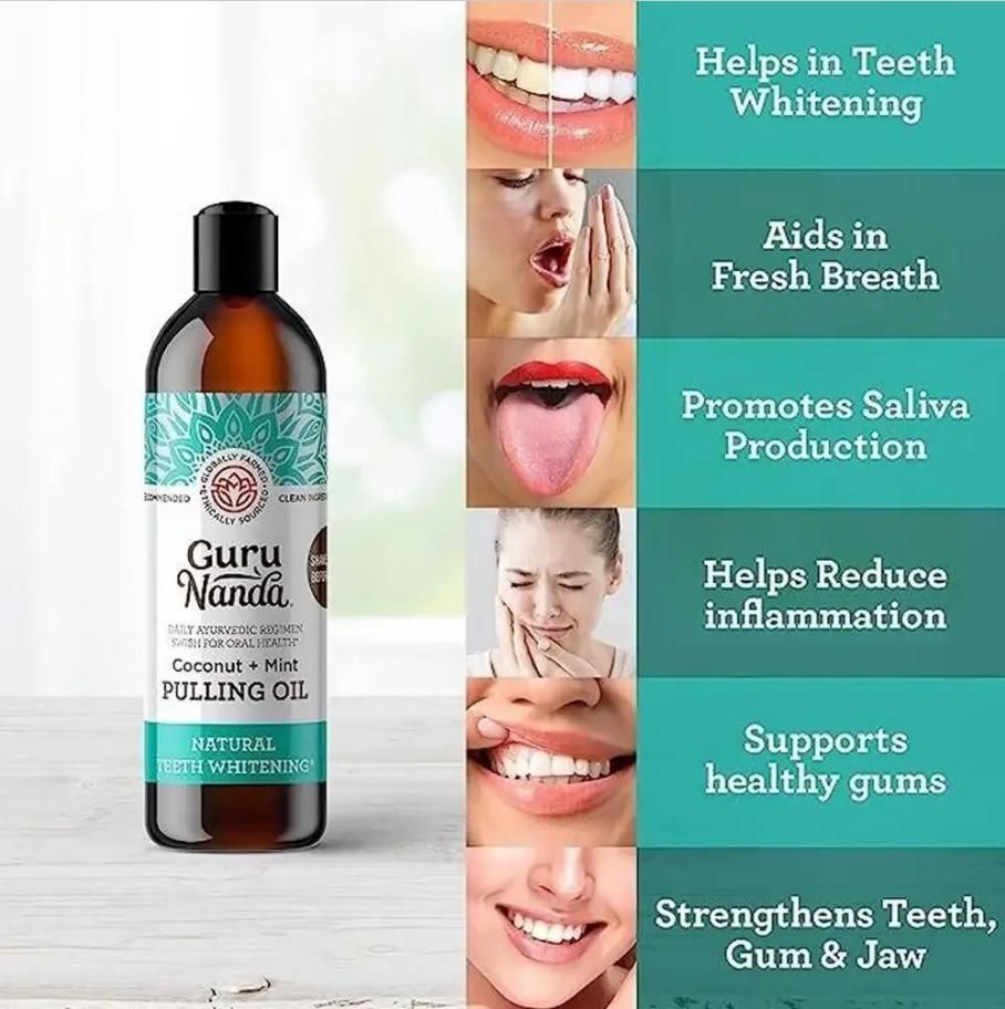 Guru Nanda Coconut & Mint Teeth Whitening Oil with Tongue Scraper